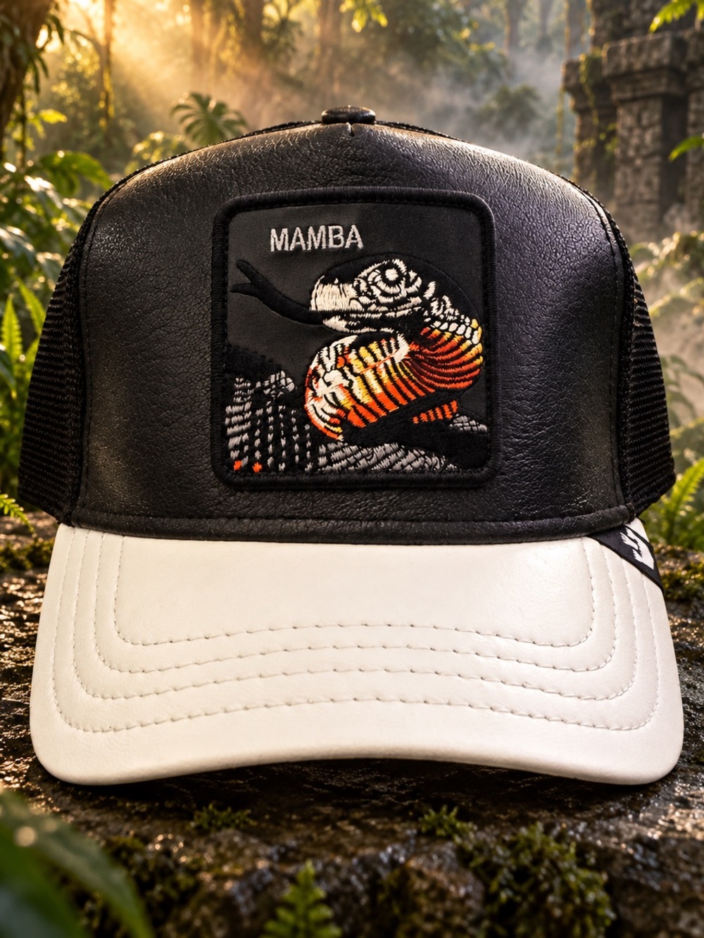 Goorin Bros Mamba Snake Leather-Look Trucker Hat Black White Snapback NWT